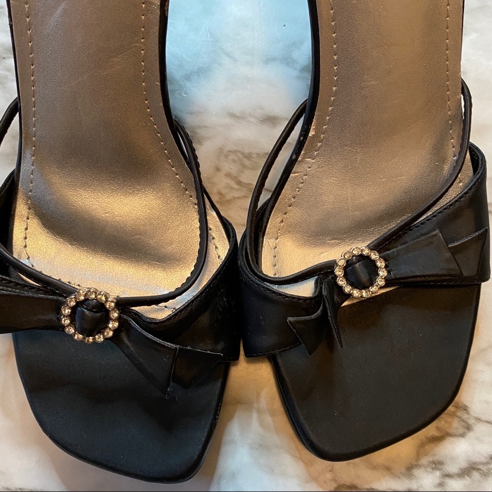 Black Satin Strappy Heels w Bow Rhinestone Size 8.5 Dressy Sandals